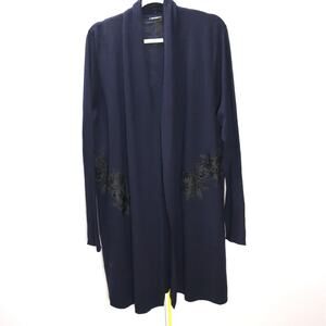 Elie Tahari Merino Wool Open Front Cardigan Navy Blue lace Accent XL‎